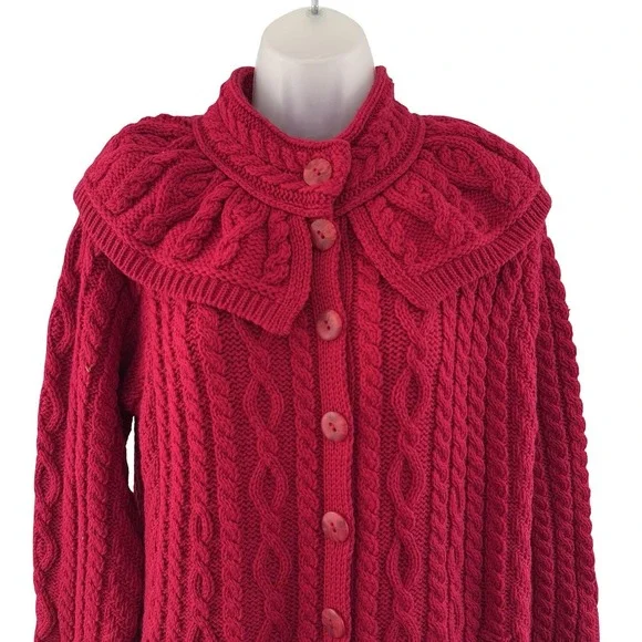 Aran Crafts Long Cardigan Sweater Womens L Red Wool Cable Knit Ireland Fisherman - Picture 1 of 16